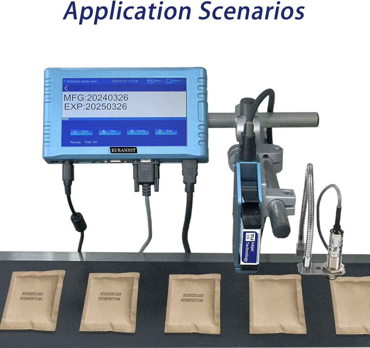 Automatic Inkjet Coding Machine for Production Line, 260E TIJ Inkjet Printer with 7” Touchable Screen for Date/Batch/QRCode/Barcode/Logo etc (1 Nozzle / 0.5 in)