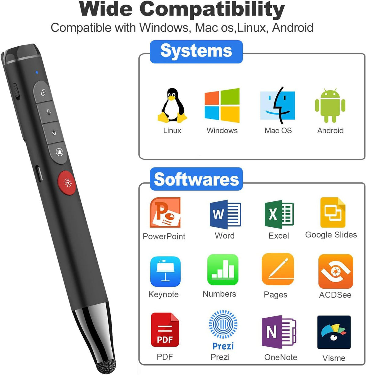 Presentation Clicker with Stylus Pen for Touch Screen, Clicker for Powerpoint Presentations, Computer Wireless Presenter Powerpoint Clicker with Laser Pointer for Presentations Remote Smartboard