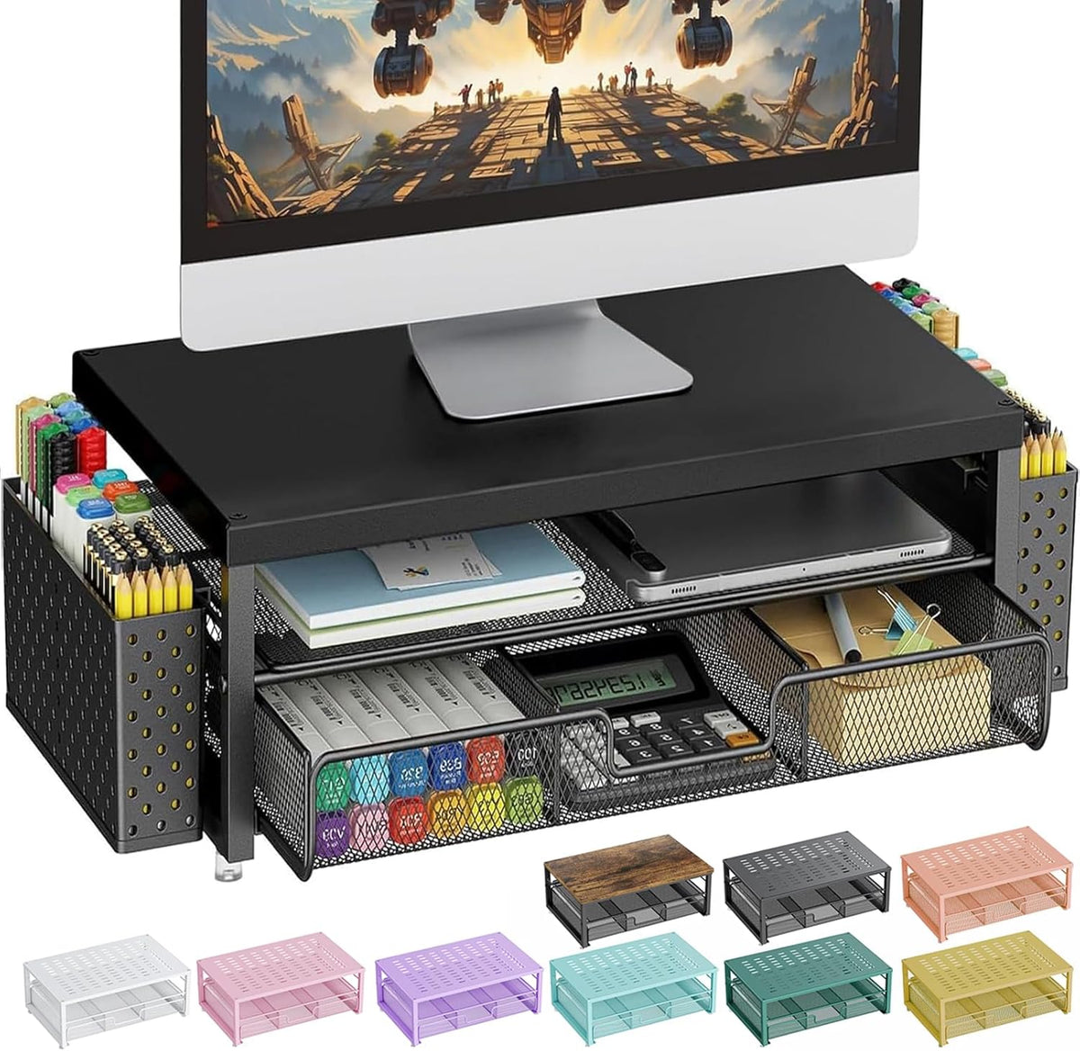 gianotter Wood Monitor Stand Riser, Office Desk Shelf Organizer, Desk Organizer with Drawer and Pen Holder, 2-Tier Computer Stand, Office Organization (Ink)