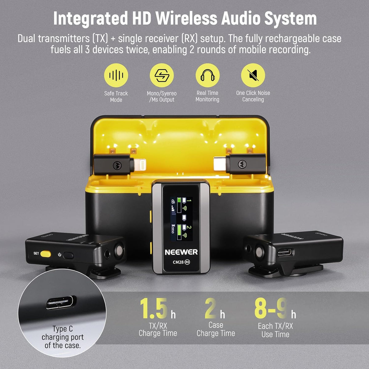 NEEWER CM28 (1 RX + 2 TX + Charging Case), Wireless Lavalier Microphone, Smart Noise Cancelling, 48KHz/16Bit 9 Hrs Uncompressed Recording, 656ft/200m Range, Lav Mic for iPhone, Android, Camera