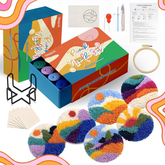 yuegool 6PCS Landscapes Punch Needle Coasters Kit,Easy DIY Punch Needle Embroidery Kit for Beginners Adults Kids Including Patterns, Tools, Yarns, Hoop, Instruction, Coaster Holder Art Craft Supplies