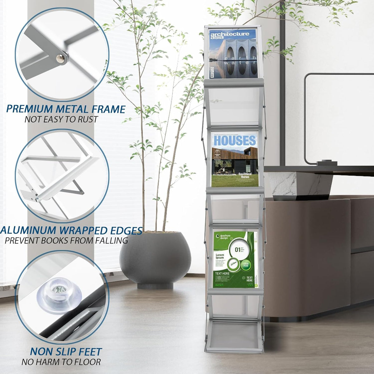 6 Pockets Aluminum Floor Standing Magazine Rack with Carrying Bag, Portable Pop-up Brochure Display Stand, Foldable Catalog Literature Display Stand, A4 Size, for Exhibition, Trade Shows, Office