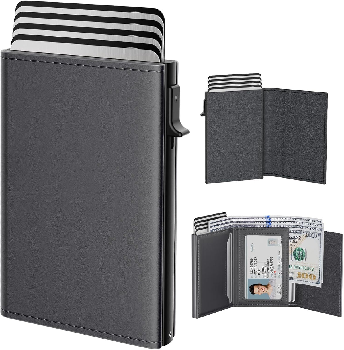 typecase Mens Wallet Card Holder: Pop Up Aluminum Case, Premium Genuine Leather, Smart, RFID Blocking, Slim, Minimalist, Front Pocket - 9-14 Card Capacity | ID Window | Cash Slot - Deep Grey