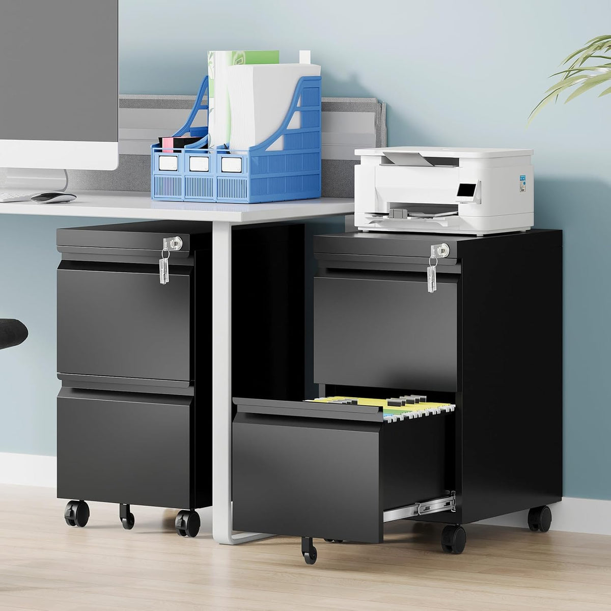 2 Drawer File Cabinet with Lock, Rolling File Cabinets for Home Office, Small Metal Filing Cabinet Office Drawers Under Desk for Letters/Legal/A4 Size, Assembly Required