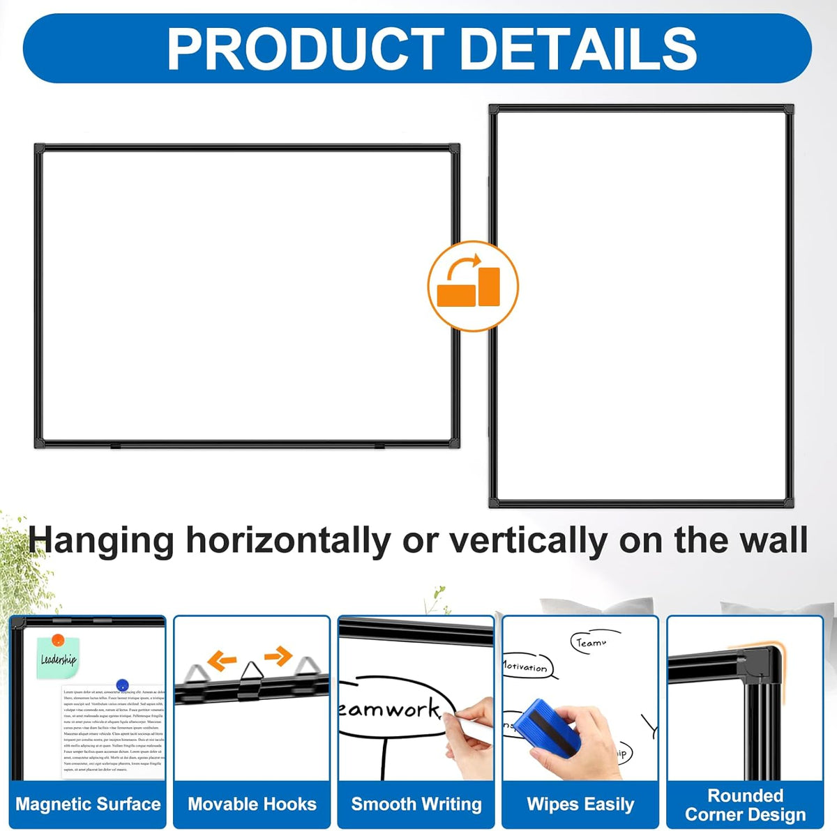 H-Qprobd Large Magnetic White Board Dry Erase Whiteboard with Black Aluminum Frame, 60"X40" Hanging White Boards for Wall with Long Pen Tray, Presentation Board for Office Classroom Home