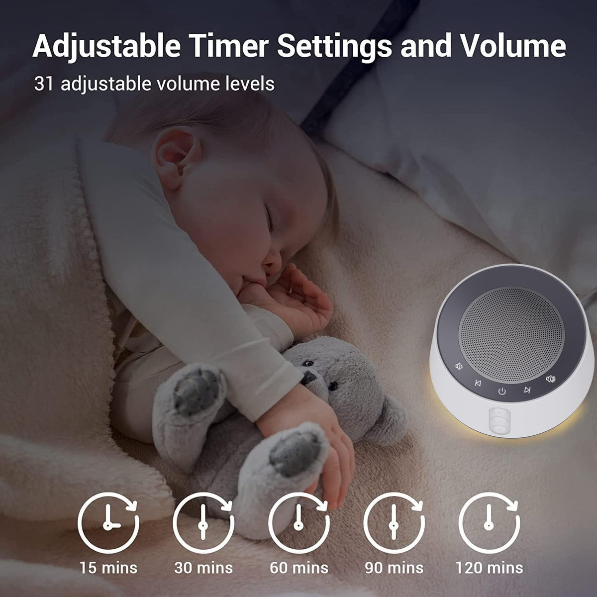 BGOVERSS White Noise Sound Machine with 20 Soothing Sounds, 10 Colors Night Light Sleep Machines Home Office Travel, 5 Timers and Memory Feature Sound Machine for Nursery Baby Kids Adults (White)