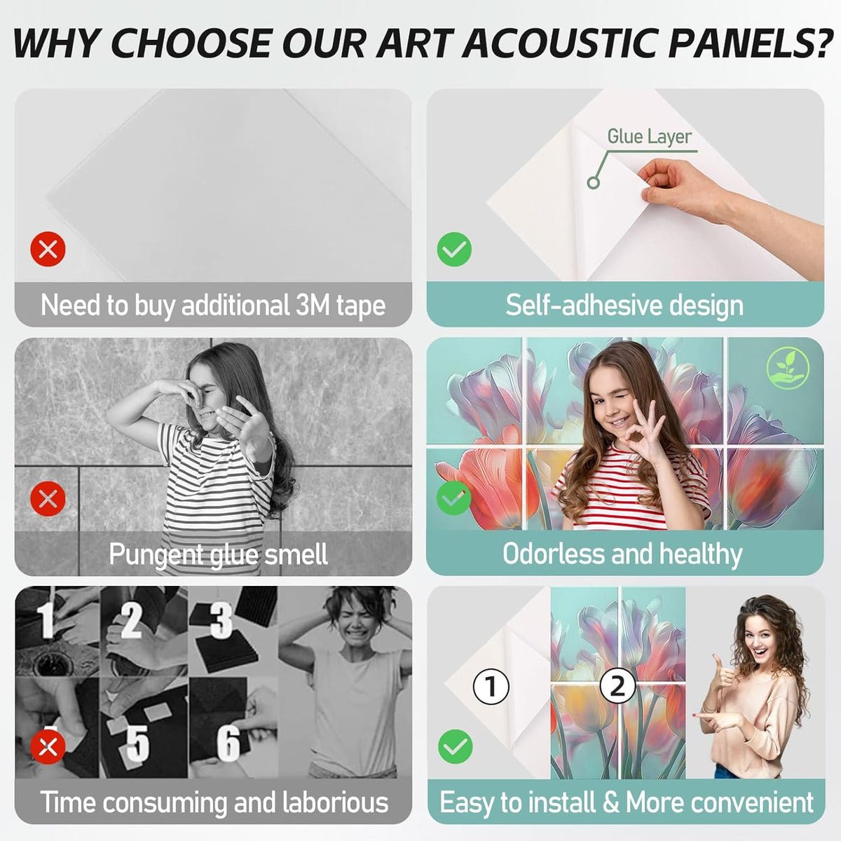 8 Pack Art Acoustic Panels, 48"X32" Self-adhesive Soundproof Wall Panels, Decorative Sound Absorbing Panel, Acoustic Treatment for Studio, Home, Office (Colorful Tulips)