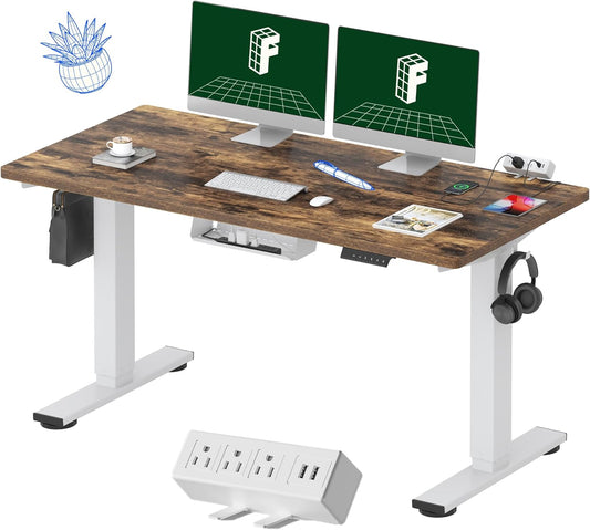 FLEXISPOT EN2 Whole-Piece Standing Desk with Clamp Power Strip, 55 x 28 Electric Stand Up Height Adjustable Desk with Cable Management (White Frame + 55" Rustic Brown Desktop, 2 Packages)