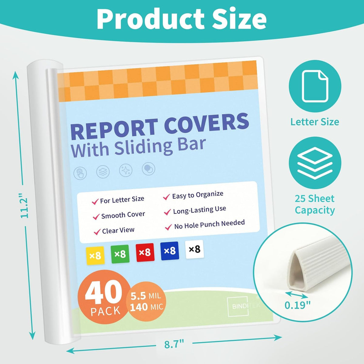 Binditek 40 Pack Clear Report Covers with Sliding Bars, 25 Sheet Capacity, 5mm Sliding Bar File Folder, Letter Size, 5.5 Mil Thick, 5 Assorted Colors, for Students and Coworkers