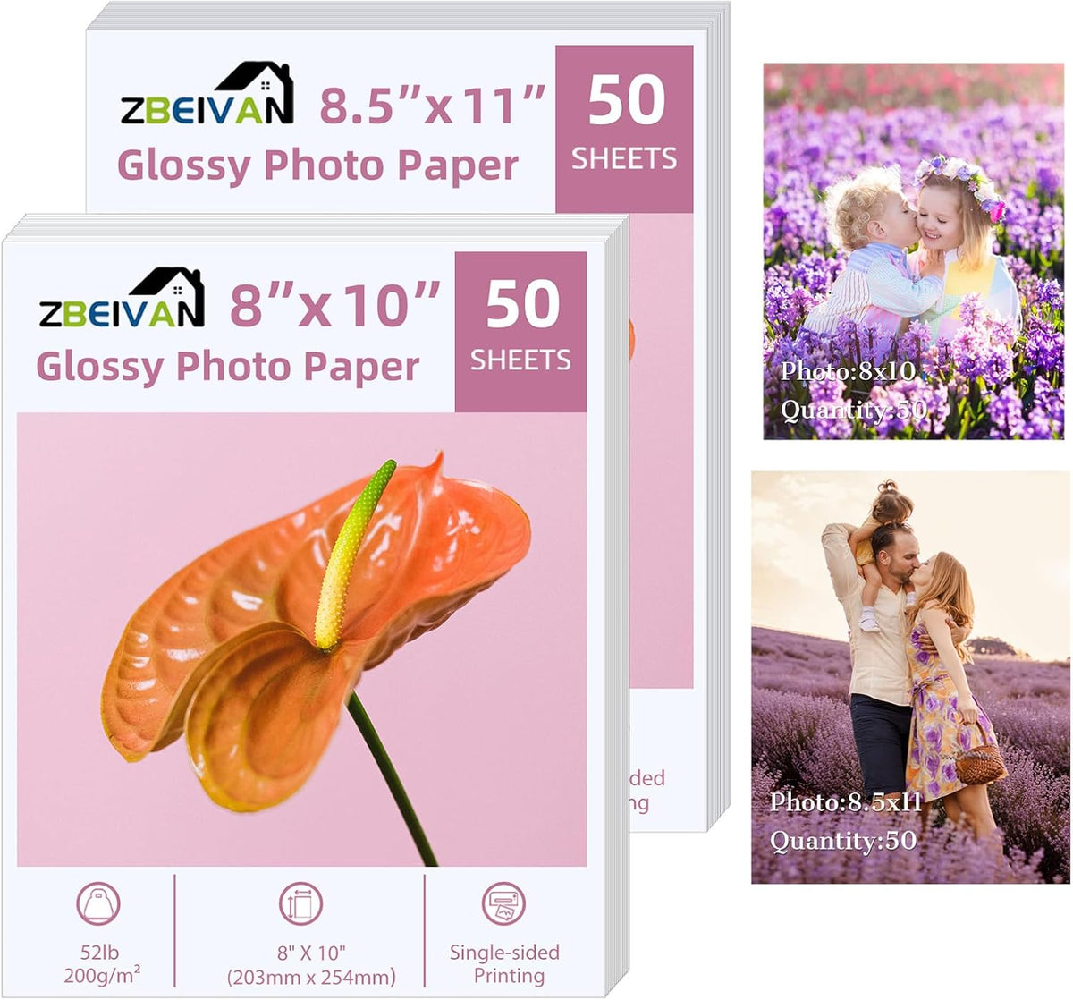 ZBEIVAN Photo Paper 8x10, 8.5x11 inch, Glossy Photo Papers 100 Sheets, 200 GSM Paper for Printer (50 Sheets of each size 8x10, 8.5x11)