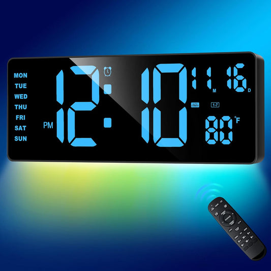 XREXS Digital Wall Clock Large Display, 16.5" LED Wall Clock with 6 Color Changes Night Lights, Auto DST, Count Up/Down Timer with Remote Control for Living Room Bedroom Office Wall Decor