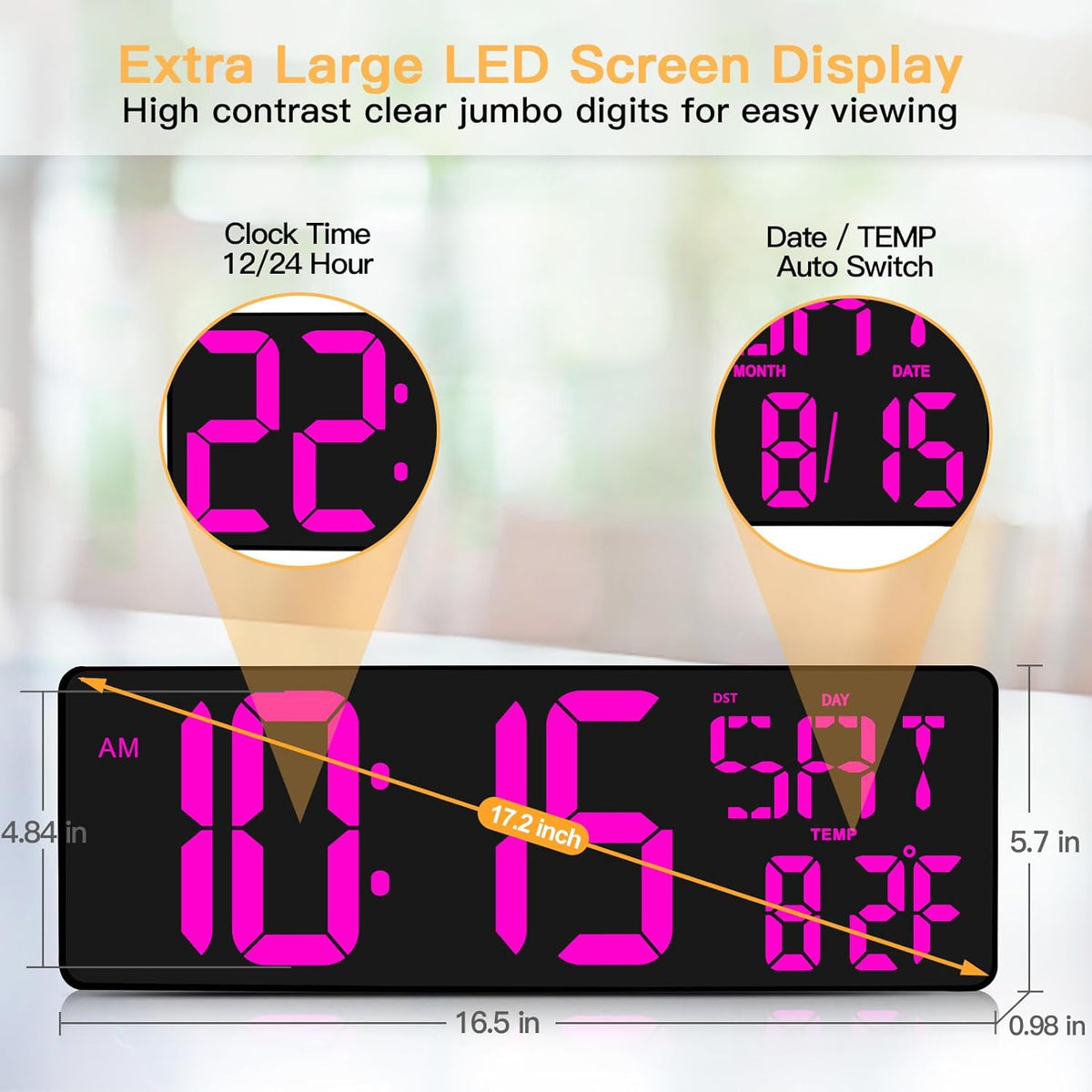 XREXS Large Digital Wall Clock with Remote Control, 16.5 Inch LED Large Display Count Up & Down Timer, Adjustable Brightness Alarm Clock with Day/Date/Temperature for Living Room, Bedroom, Office, Gym