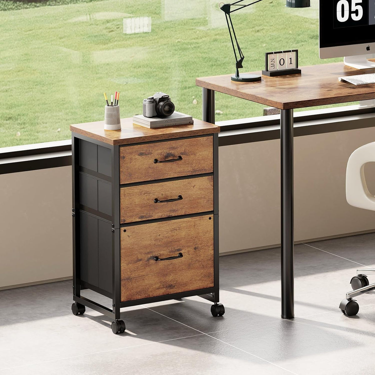 3 Drawer Mobile File Cabinet with Wheels Fabric Vertical Filing Cabinet fits A4 or Letter Size for Home Office,Rustic Brown2