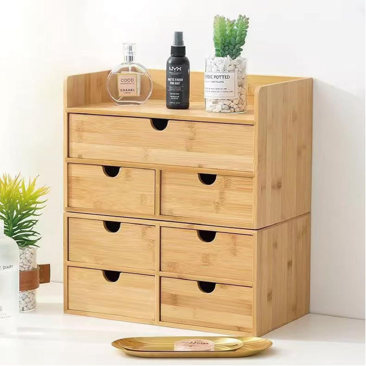 Bamboo Desk Organizer with 4 Drawers – Countertop Storage Box for Makeup, Office Supplies, and Home Essentials – Stylish Tabletop Organizer for Workspace or Bathroom