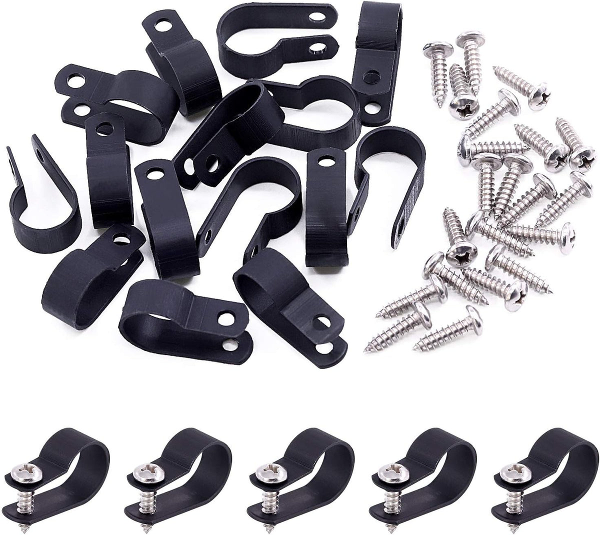 Swpeet 120 Pack Black 5/8 Inch Nylon Plastic R-Type Cable Clips Clamp Kit, Nylon Screw Mounting Cord Fastener Clips with 120 Pack Screws for Wire Management (5/8 Inch, Black)
