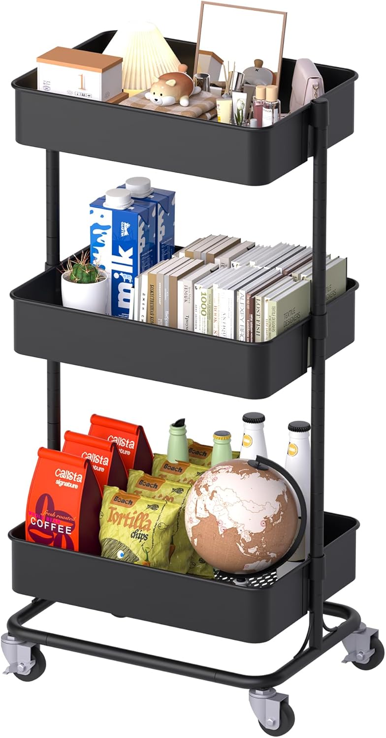 TECBOT 3 Tier Metal Rolling Cart with Wheels, Utility Storage Cart with Handle and Lockable Casters, Storage Basket Organizer Shelves, Easy Assemble for Kitchen, Living Room, Office, Nursery, Black