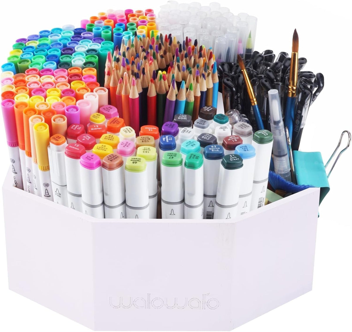 walowalo Bamboo Rotating Art Supply Organizer Holds 800+ Pencils Spinning Crayon Marker Pen Holder for Desk Brush Storage for Office School Classroom Organization Stationary White (Larger Version)