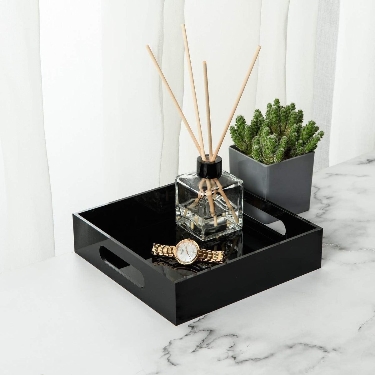 Black Sturdy Acrylic Tray with Handles-8x8 Inch- Countertop Organizer Tray for Kitchen,Bathroom,Office- Storage Box for Cosmetics, Jewelry,Toiletries,Toy,Gadgets