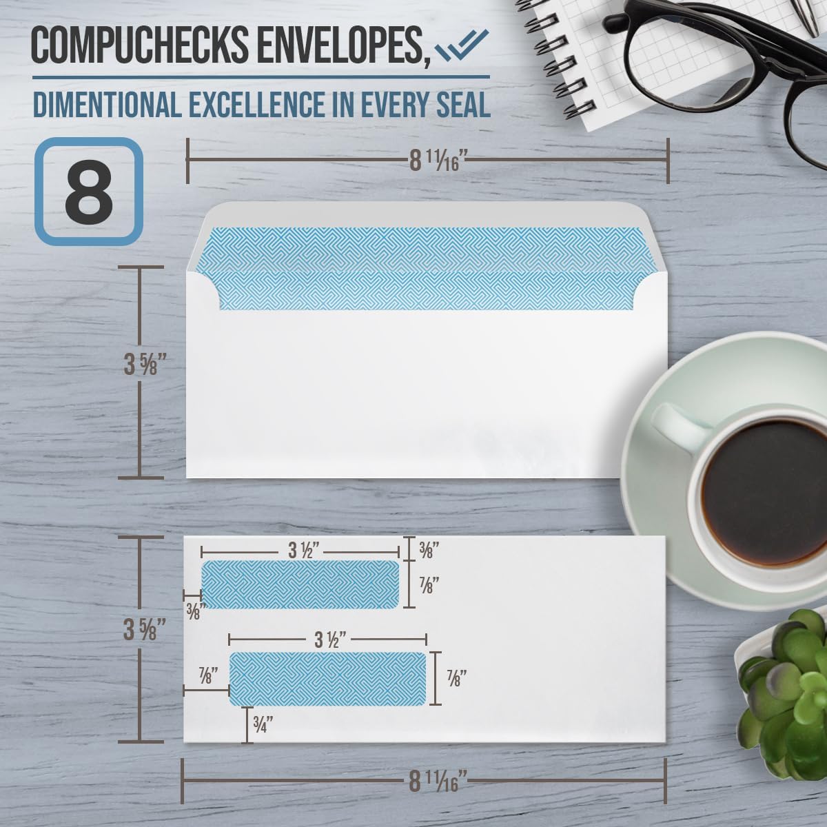 Compuchecks Double Window Envelopes #8 - Gummed, Security Business Mailing Check Envelopes - Tamper Evident, Security Tint - 50 Count – Guaranteed to fit QuickBooks Checks
