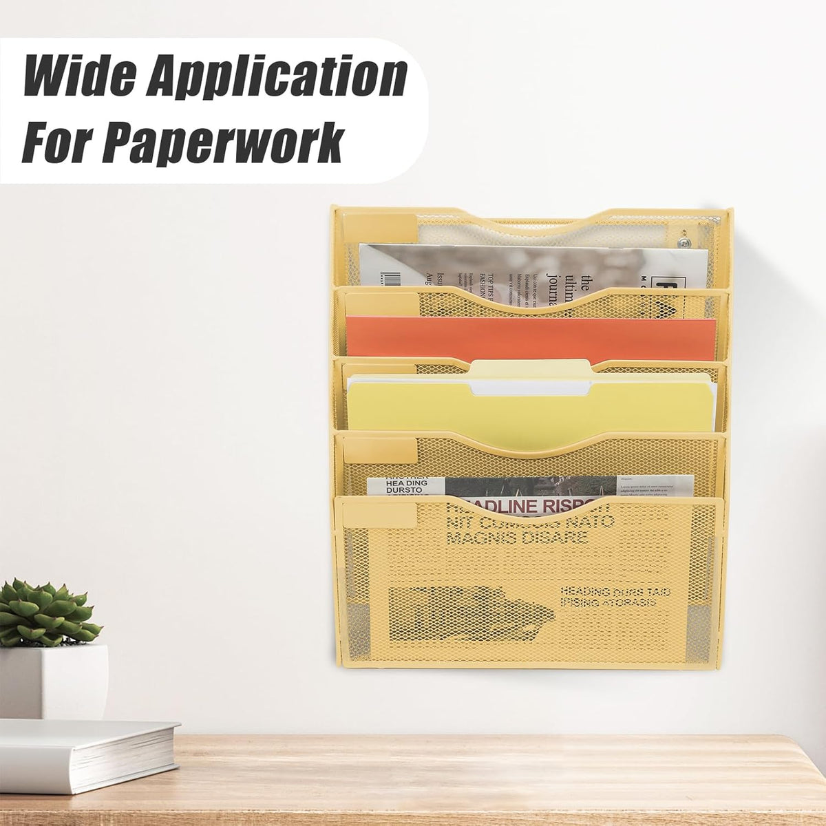 EASEPRES 5 Pocket Mesh Hanging Wall File Organizer, Wall Mounted Mail Paper Document Folder Holder, Clipboard Storage Organization Magazine Rack with Nametag Label for Office Home School, Gold