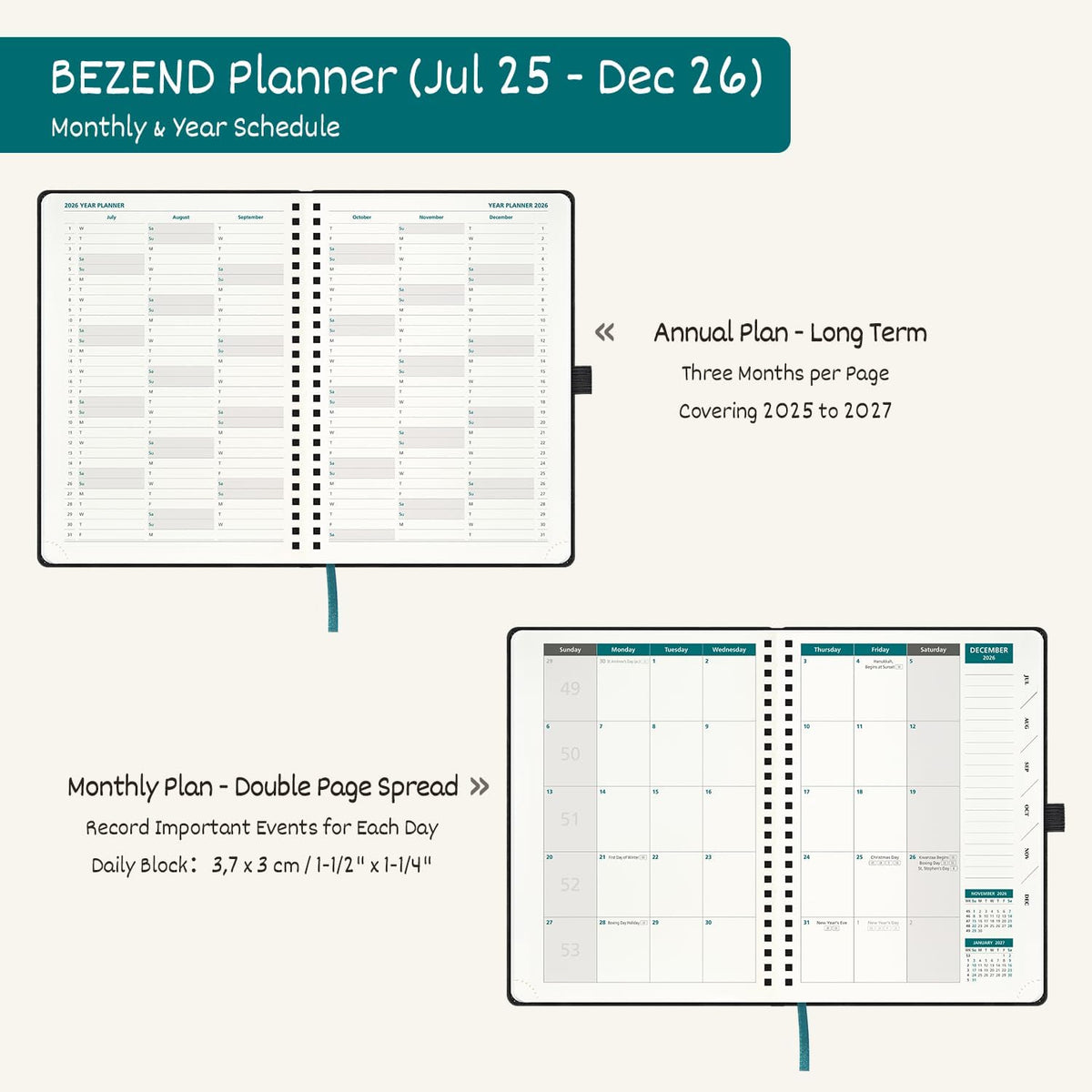 BEZEND Weekly Planner 2025-2026 with 2 Columns, 5.8" x 8.5" Academic Calendar 18 Months (Jul 25-Dec 26) Life Work Appointment Book with Monthly Tab, PU Leather Softcover Spiral - Prussian Blue