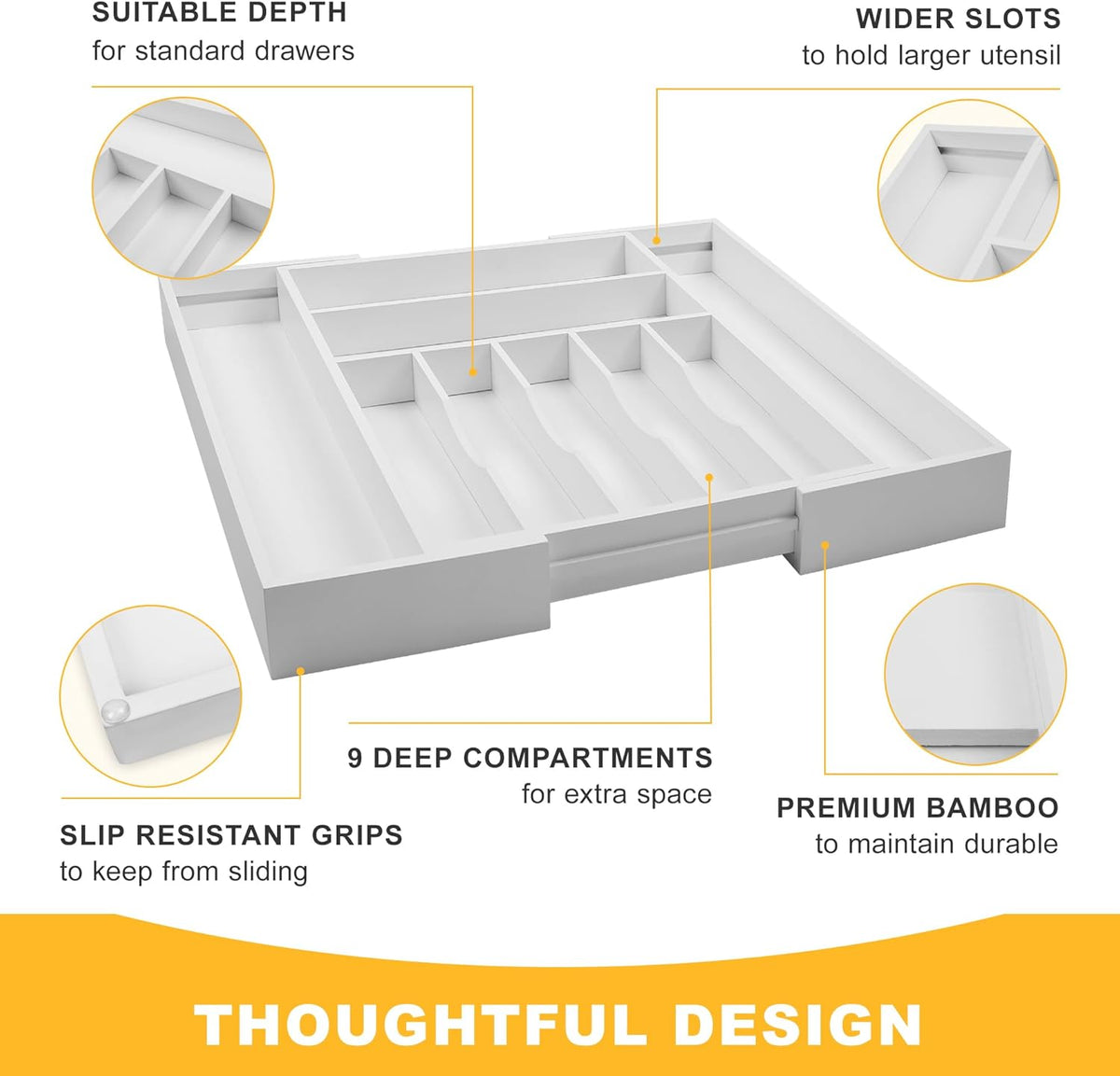 Large Premium Bamboo Silverware Organizer - Expandable Drawer Organizer & Utensil Organizer - 17"x19.7" Cutlery Tray with Dividers for Kitchen Utensils and Flatware (7-9 Slots) (White)