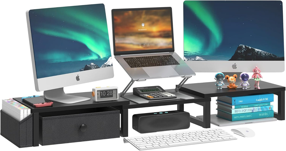 LAND·VOI Heavy Duty Dual Monitor Stand, Holds 2 Screens Up to 27 Inches, Adjustable Length and Angle Monitor Riser, Desk Organizer with Side Pockets and Drawers, Home Office Desk Storage, Black