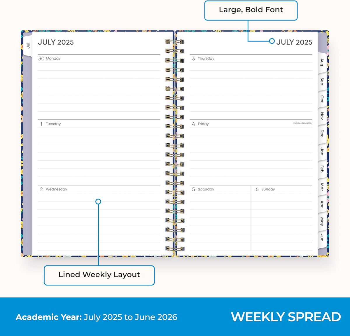 Blue Sky 2025-2026 Academic Year Weekly and Monthly Planner Calendar, July 2025 - June 2026, 12-Month, 5" x 8", Hard Cover, Wirebound, Storage Pocket, Laminated Tabs, Stickers, Becky