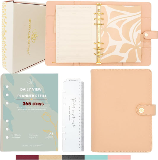 Bossy Girl Journey - A5 Daily Planner Binder – Undated Time Blocking Refillable Organizer for Women with 110gsm Paper, PU Leather Cover, Stickers, Dividers, Pen Loop, Gift Box – Goal Setting & Productivity (Beige)