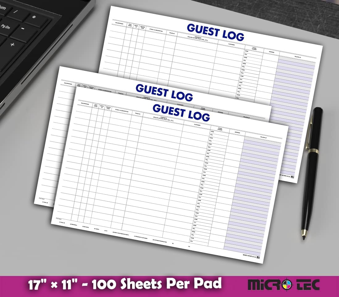 Professional Guest Log Book - Efficiently Track Potential Customers and Follow-Up - Ideal for Automotive Dealerships, Repair Shops, and Service Centers - 17" × 11" - 100 Sheets Per Pad - Pack of 3