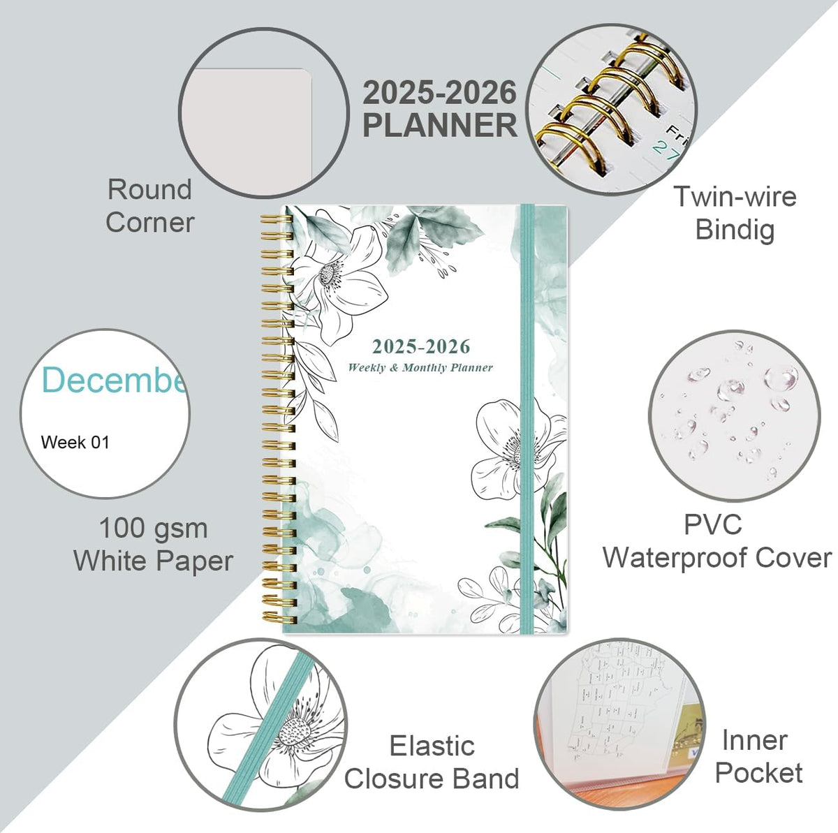 Planner 2025-2026 - July 2025 - June 2026, Academic Planner 2025-2026 with Flexible Cover, Tabs, Inner Pocket, Spiral Bound, 6.4" x 8.5", Teal Flowers