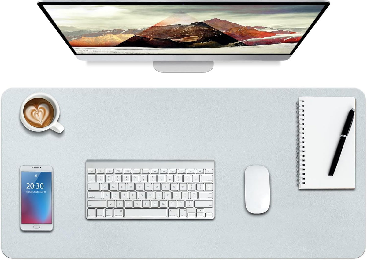 Boutilon Leather Desk Pad Protector,Non-Slip Mouse Pad,Laptop Desk Pad,Office Mouse Mat,Waterproof Leather Desk Blotter,Desk Writing Pad for Office and Home (M-Silver,30"x14")