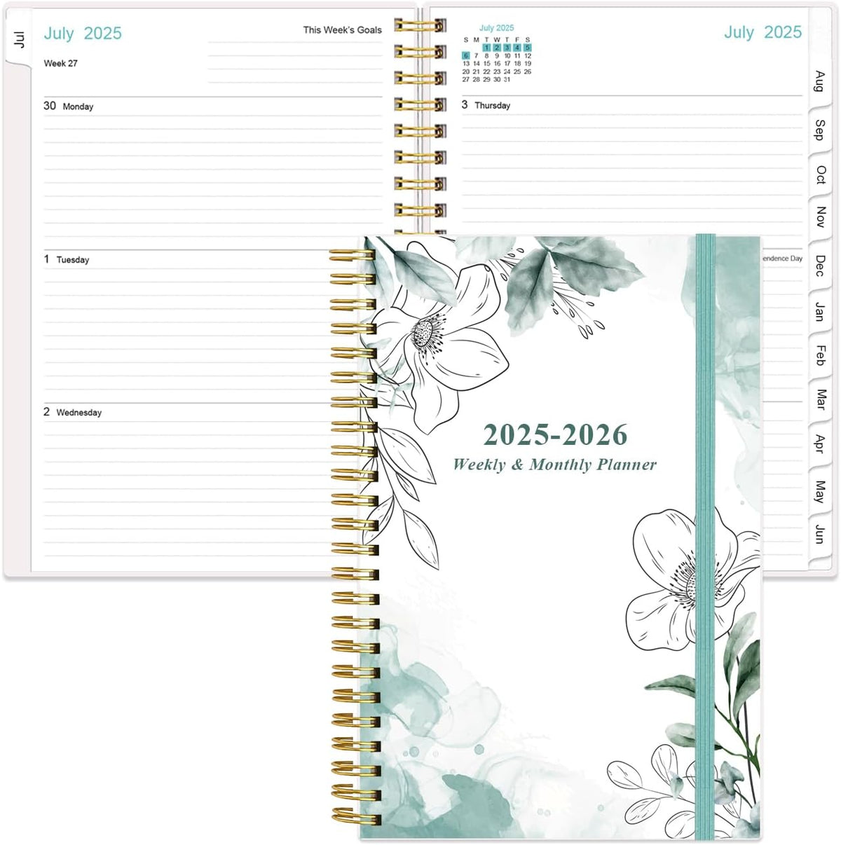 Planner 2025-2026 - July 2025 - June 2026, Academic Planner 2025-2026 with Flexible Cover, Tabs, Inner Pocket, Spiral Bound, 6.4" x 8.5", Teal Flowers