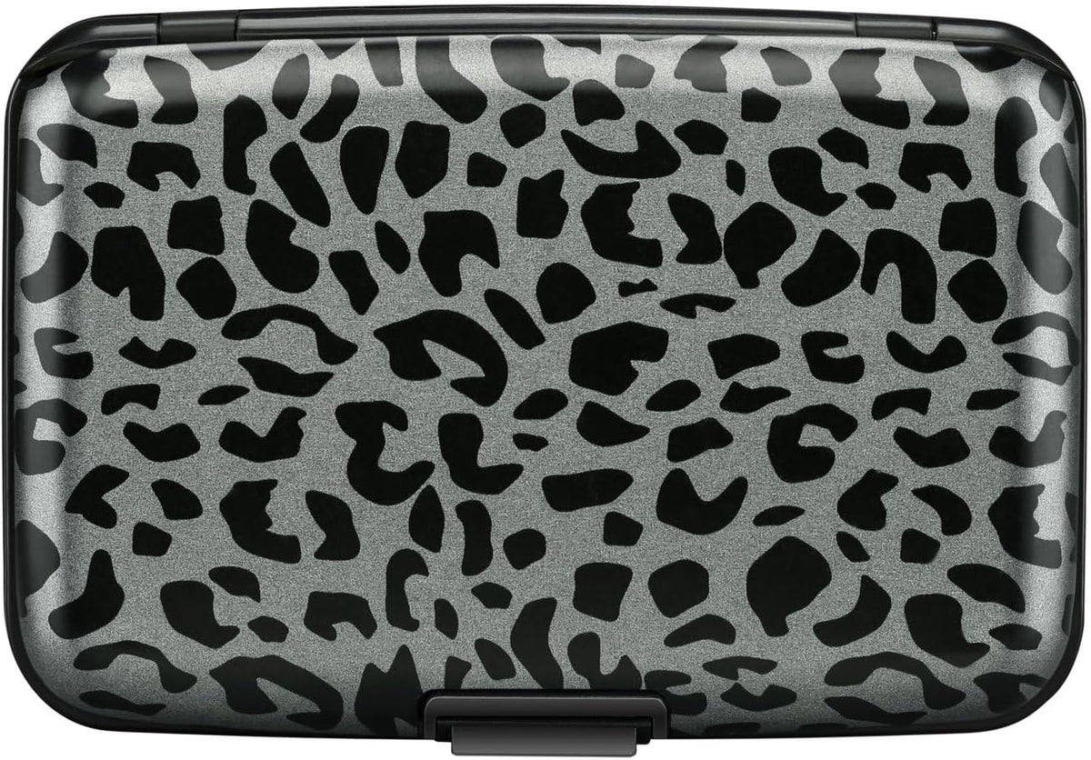 ELFISH Mini RFID Aluminum Wallet Credit Cards Holder Business Card Case Metal ID Case for Men Women(Black Leopard Print)