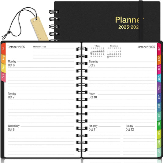 Daily Planner 2025-2026, 18 Month Planner with Tabs, July 2025 - December 2026 Weekly and Monthly Academic Year Calendar Spiral Time Management, 100GSM Thick Paper, Twin-Wire Binding, A5 Size, Black