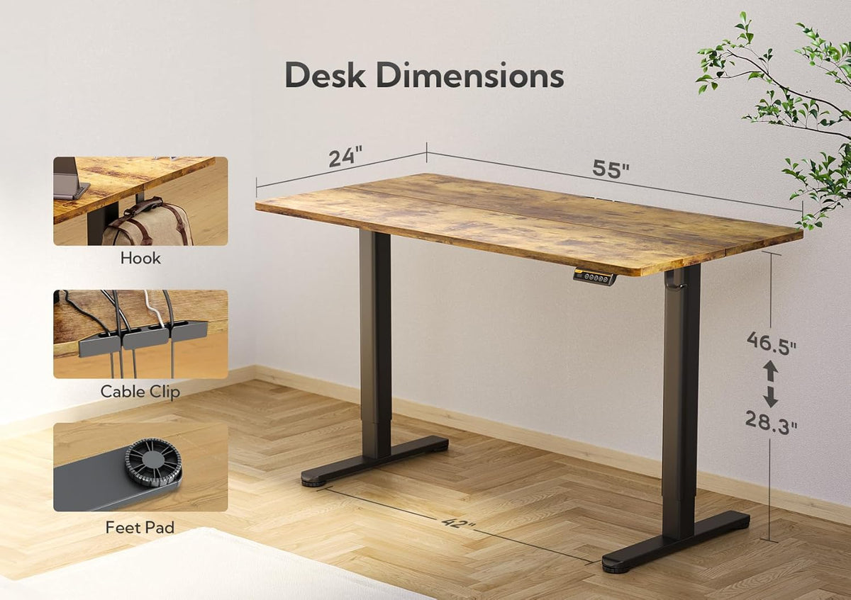Claiks Electric Standing Desk, Adjustable Height Stand up Desk, 55x24 Inches Sit Stand Home Office Desk with Splice Board, Black Frame/Rustic Brown Top