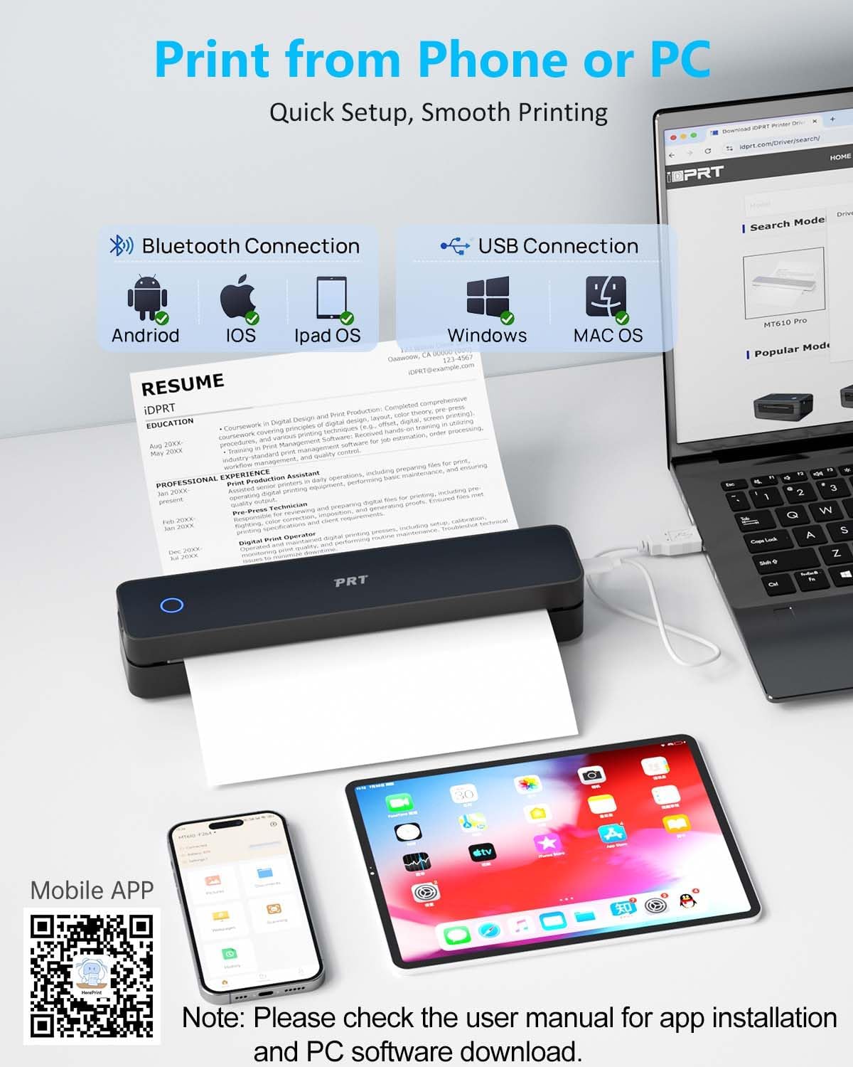 Inkless Portable Printer for Travel, Wireless Thermal Printer Support 8.5 x 11 Inch US Letter A4 B5, Bluetooth Mobile Printers with iOS, Android, Laptop for Home Use, Car, Office, School, Black