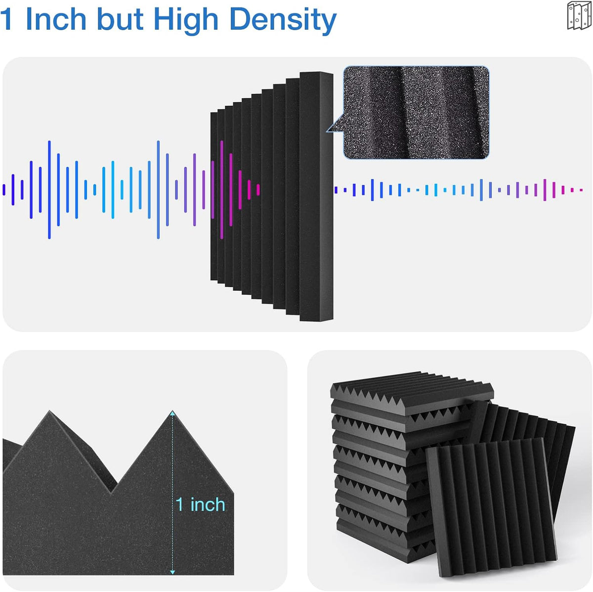 12 Pack Sound Proof Foam Panels for Walls,Self-Adhesive Foam Acoustic Panels Sound Absorbing,High Density Quick-Recovery Soundproof Wall Panels 12" X 12" X 1"-Black and Purple
