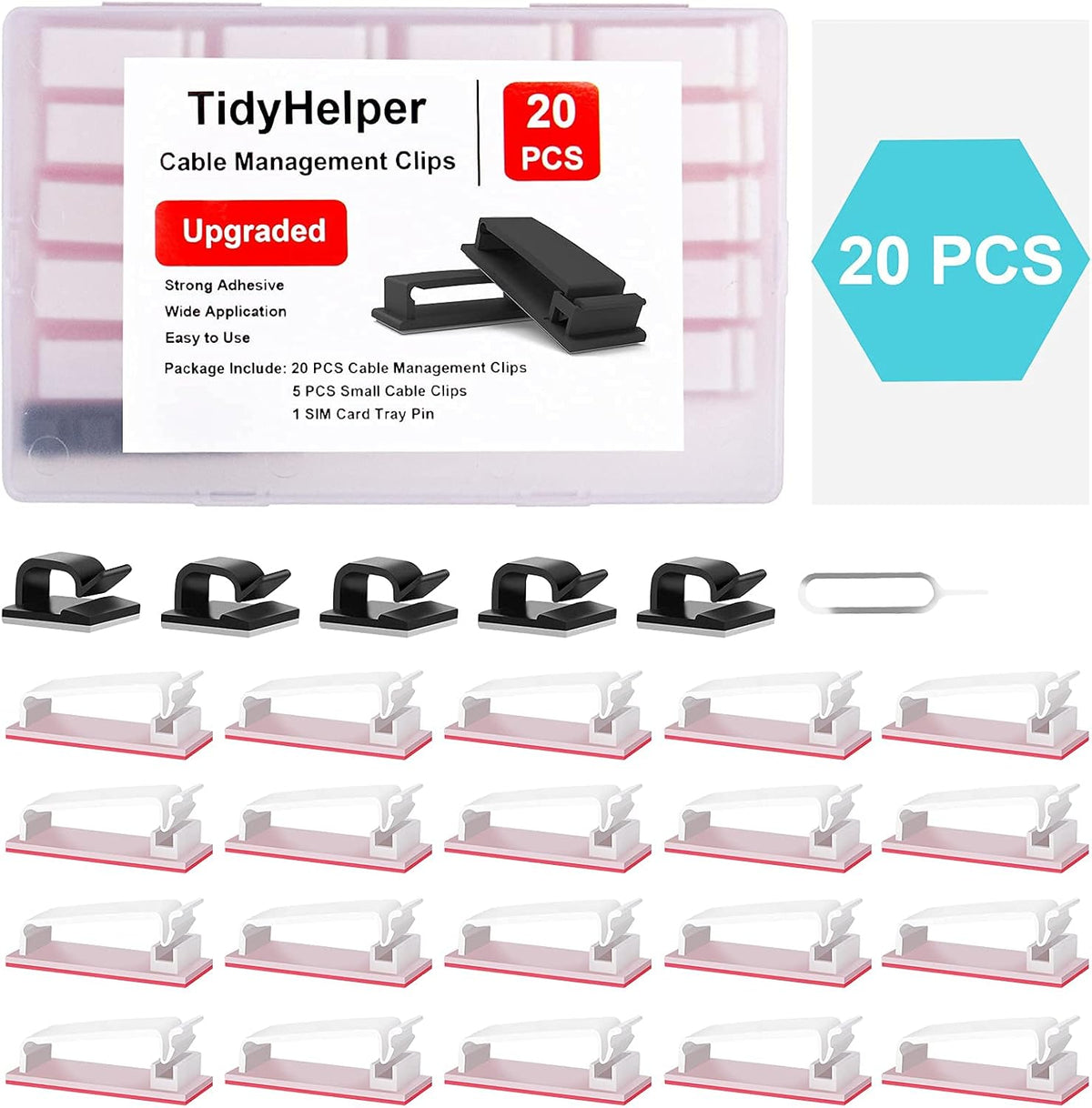 Under Desk Cable Management Clips, Wire Organizer Clips for PC Network Cable Mamagement, Large Adhesive Cable Clips Wire Holders (Computer, TV, Ethernet, Electric Wires), White, 20 PCS