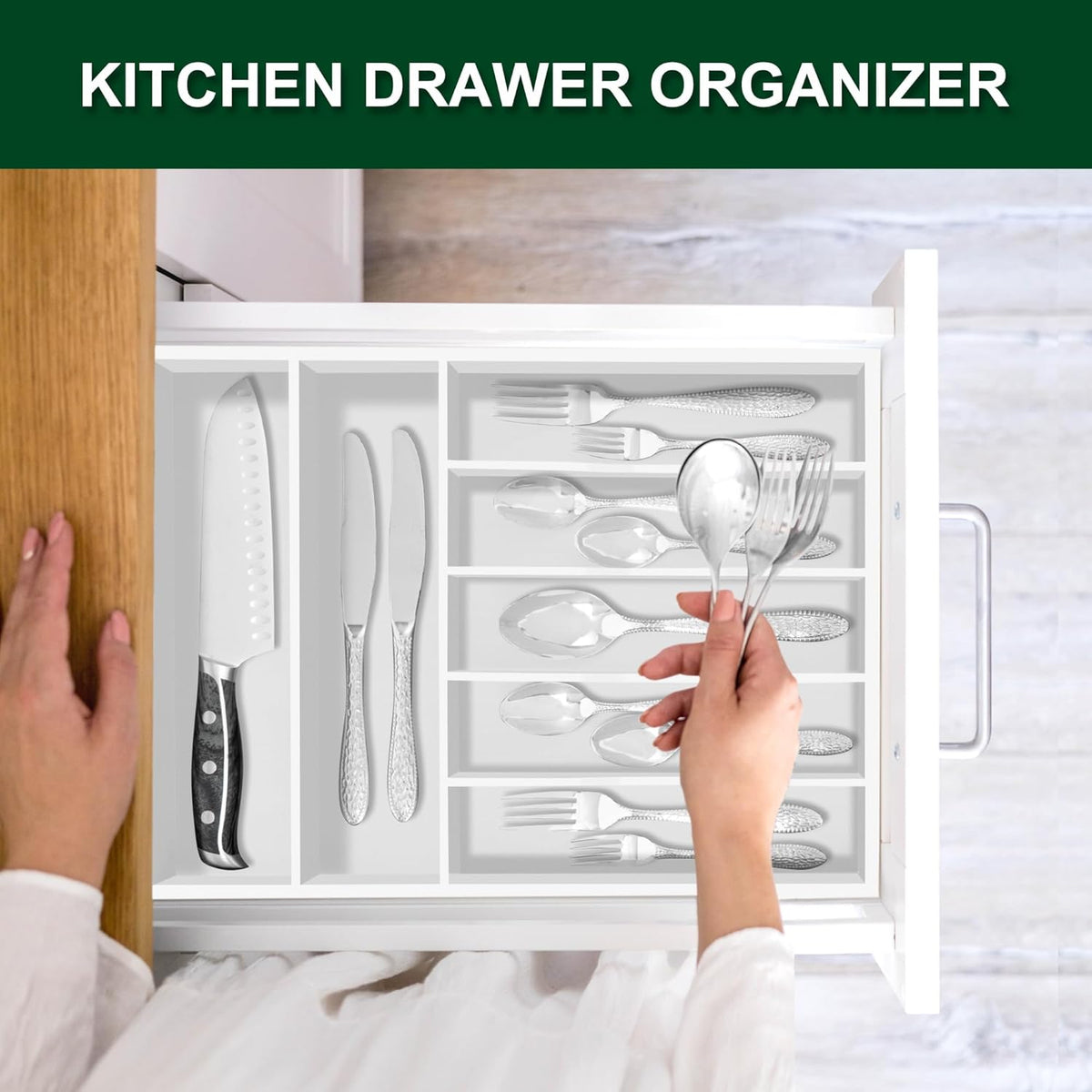 Bellsal White Utensil Organizer 12.5 Inch Silverware Tray for Drawer Utensil Holder Cutlery Organizer Kitchen Drawer Organizer 7 Compartment Small Narrow Bamboo