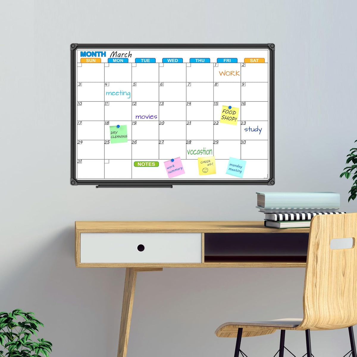 JILoffice Dry Erase Calendar Whiteboard - Magnetic White Board Calendar Monthly 24 X 18 Inch, Black Aluminium Frame Wall Mounted Board for Office Home and School