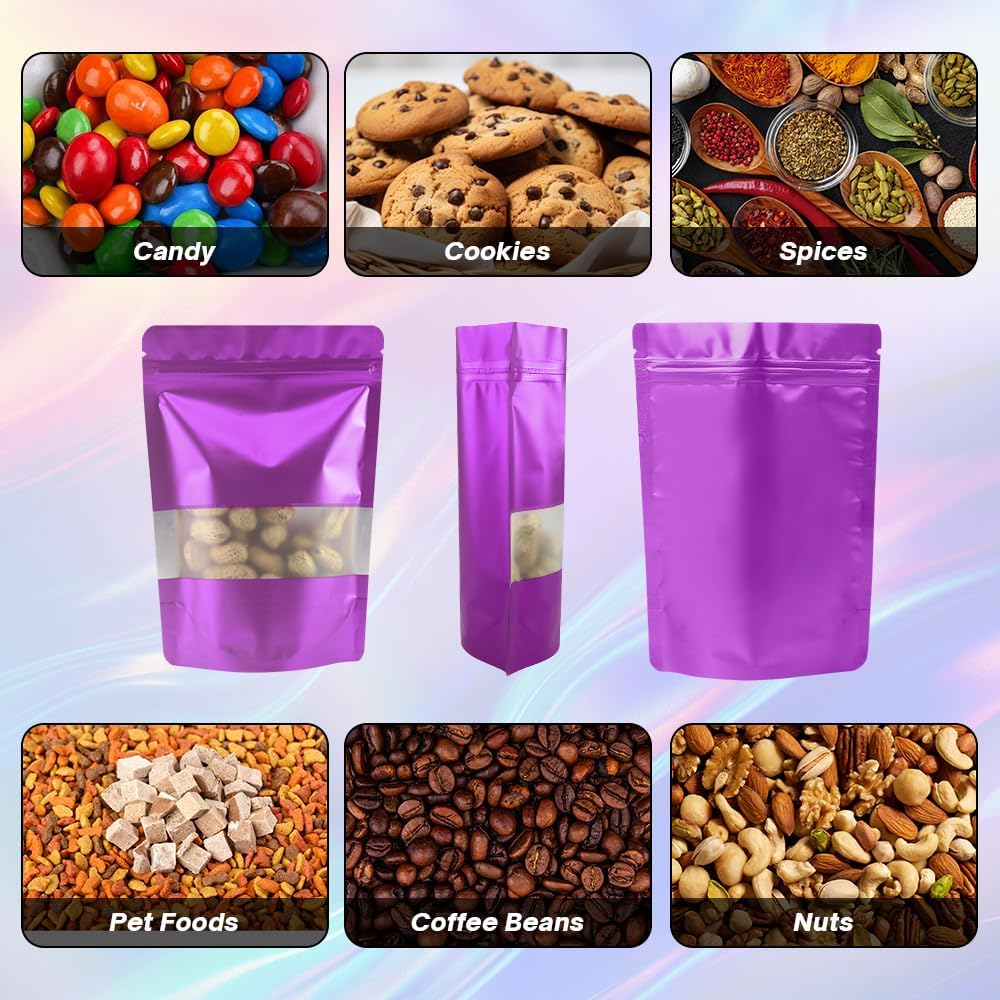 4CP 100 Pcs Purple Zipper Smell Proof Bags with Window, 7.0x10.5 Inch Stand Up Foil Pouches for Food Selfsealing Storage, Reusable Bag for Packaging Small Business, Cookies, Nunt, Candy