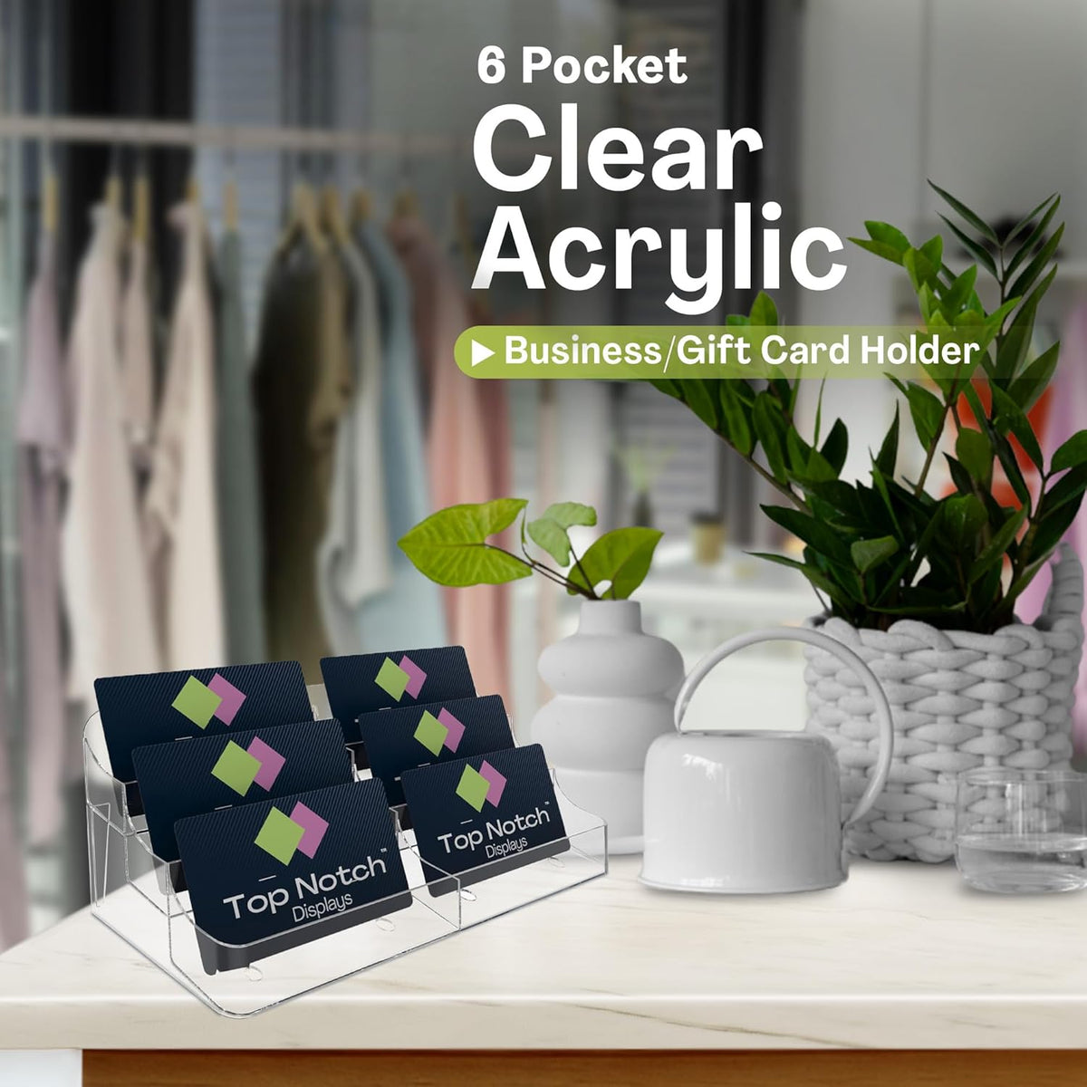 6 Pocket Clear Acrylic Business/Gift Card Holder, Fits standard-sized business cards or gift cards, For Use In Office, Retail, and Hospitality - Pack of 4