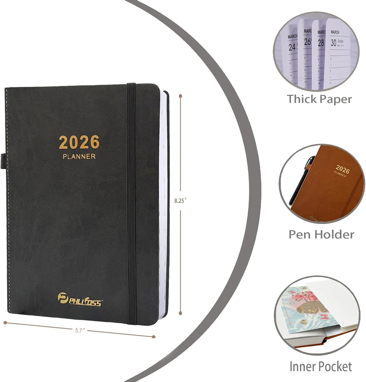 2026 Daily Planner/Calendar, One Page Per Day, Daily Monthly Agenda Planner with Time Slots, Jan - Dec 2026, 5.7" x 8.25" Appointment Book, Pen Holder, Leather Cover (2026-Dark Grey Blue)
