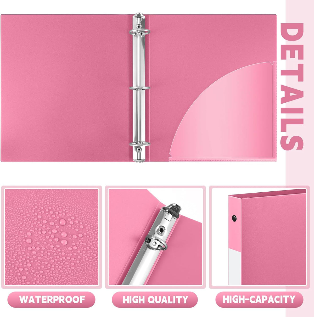 Henoyso 16 Pcs 3 Ring Binder 1/2'' Round Fits Letter Size 8. 5'' x 11'' Paper Plastic Flexible Binder Holds 100 Sheets with 1 Pockets Versatile Organizer for Office Home School (Pink)