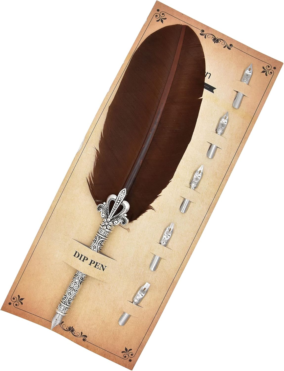 Gullor Calligraphy Feather Quill Pen and 5 Calligraphy Nibs for Beginners Kids Calligraphy Writing Quill Dip Pen Set, Brown