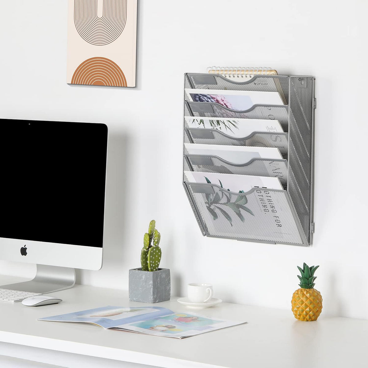 EasyPAG Wall File Holder Organizer 5 Pocket Mesh Hanging Wall Mounted Document Paper Folder Filing Magazine Rack with Nametag Label for Office Home School, Sliver