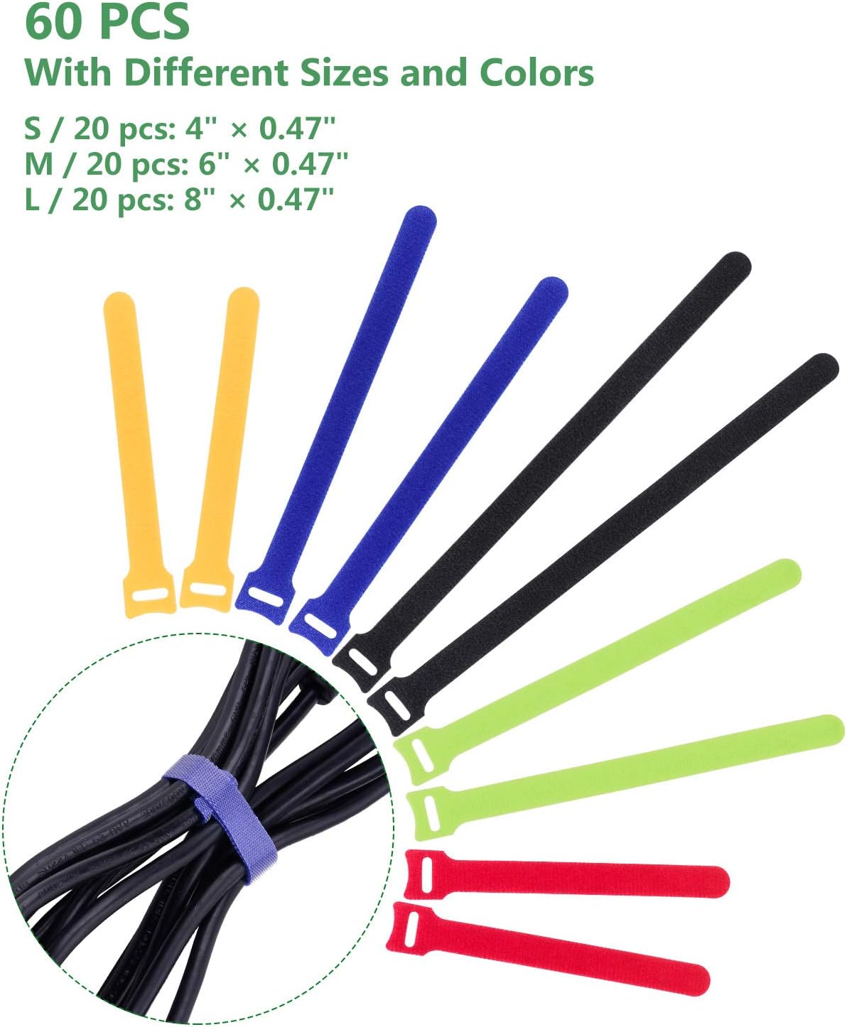 OneLeaf 60 Pcs Reusable Fastening Cable Ties with Hook and Loop, Multi-Purpose Cable Straps Wire Ties Cable Management, Adjustable Cord organizer Ties for Computer/TV/Electronics, 3 Sizes and 5 Colors