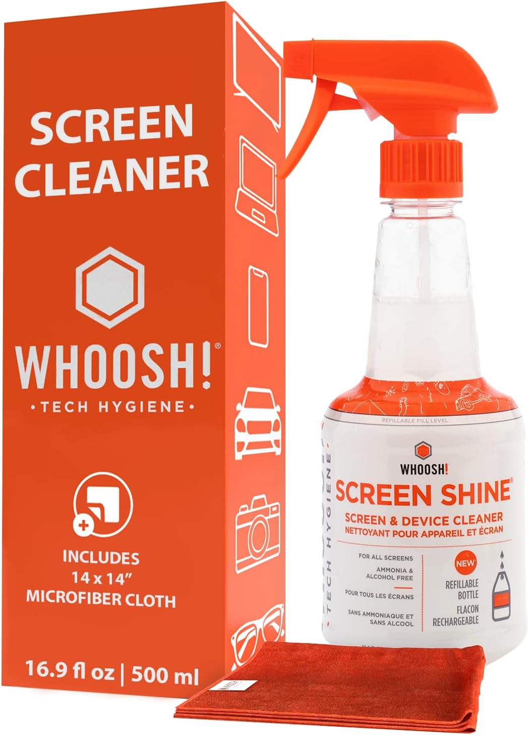 WHOOSH! Screen Shine Pro 16.9 fl oz Refillable Screen Cleaner for TV, OLED, and Monitors – Streak-Free Spray with Microfiber Cloth – Safe for Flat Screen, LCD, Smart Displays – Non-Toxic and Odorless