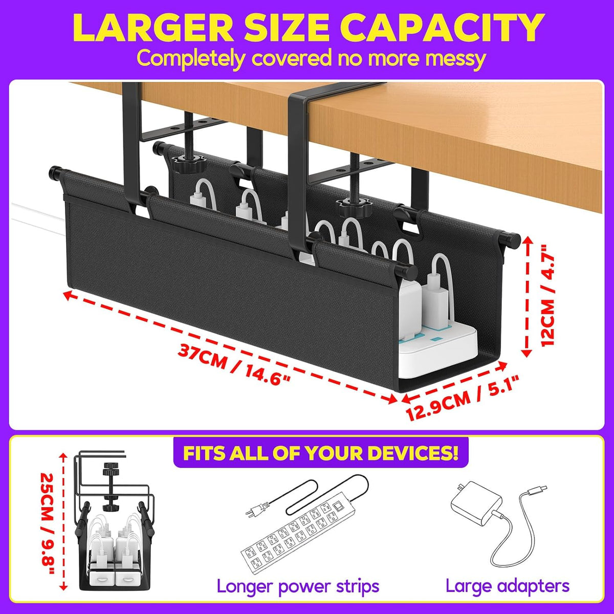 Under Desk Cable Management Tray, REFLYING 14.6" Cable Management Under Desk No Drill,Adjustable Clamp Cord Wire Organizer, Cord Hider for Standing Table, Wire Hider for Office,Home (Small)